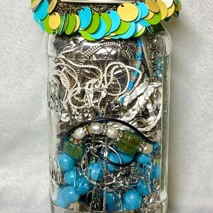 Jewelry Jar 1.7 Lbs-All Wearable/Resell Pieces-Clean-Mixed-Blue Green Silver-EUC